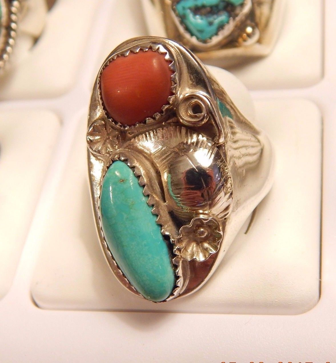 Old Pawn_Sterling Silver_Navajo_Turquoise_Coral_Ring_Native American