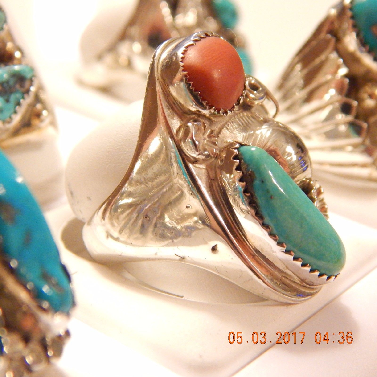 Old Pawn_Sterling Silver_Navajo_Turquoise_Coral_Ring_Native American