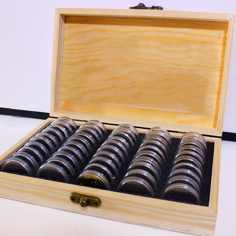 Wood Coins Display Storage Box Collectible Case for Certified Coin + Capsules