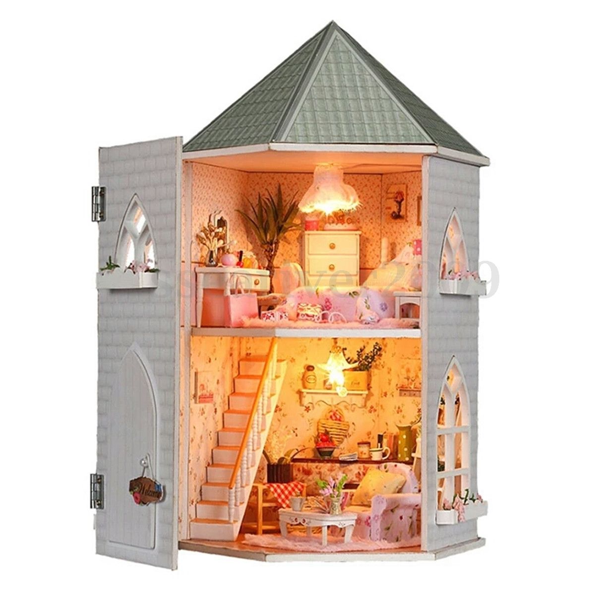 Love Castle DIY Kit Dollhouse Miniature Dolls House LED Furniture Kids Gift