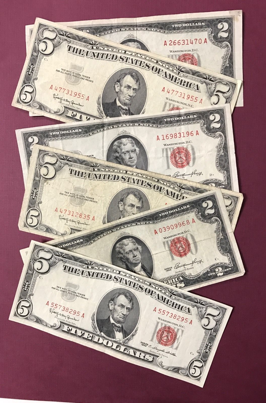 2 Note Paper Money Collection - 1953 $2 and 1963 $5 Red Seals