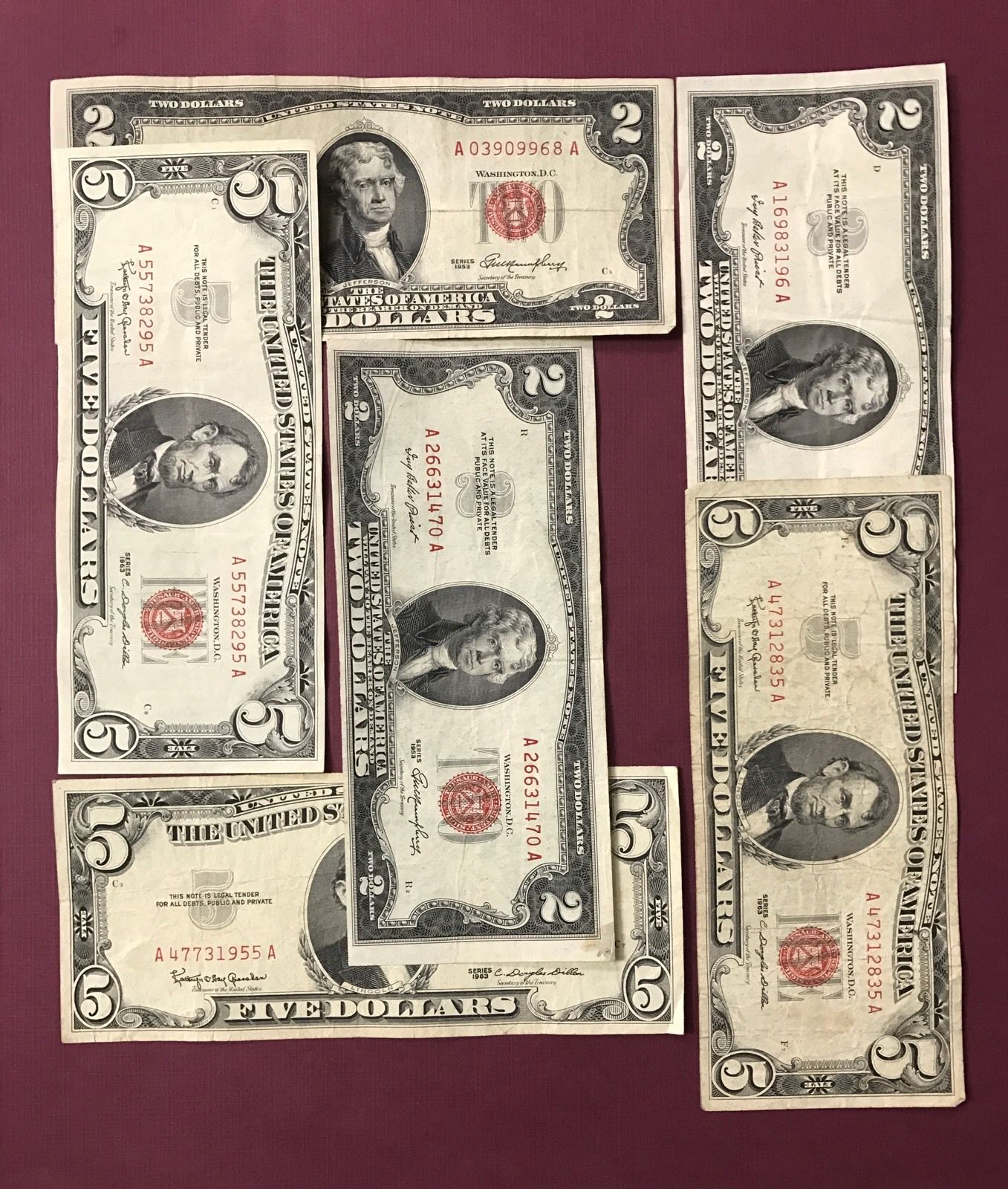 2 Note Paper Money Collection - 1953 $2 and 1963 $5 Red Seals