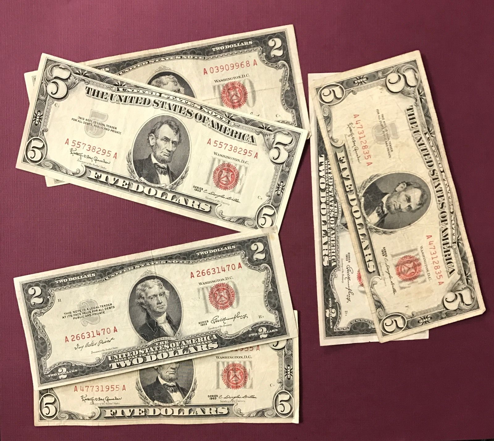 2 Note Paper Money Collection - 1953 $2 and 1963 $5 Red Seals