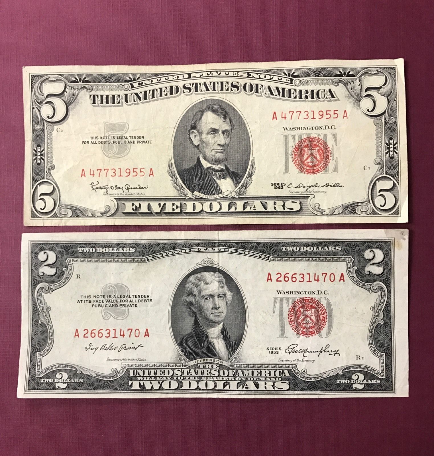 2 Note Paper Money Collection - 1953 $2 and 1963 $5 Red Seals