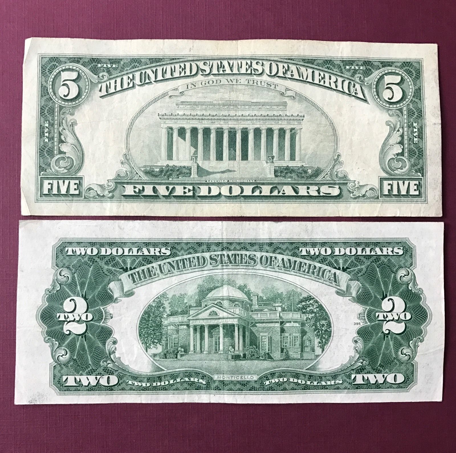 2 Note Paper Money Collection - 1953 $2 and 1963 $5 Red Seals