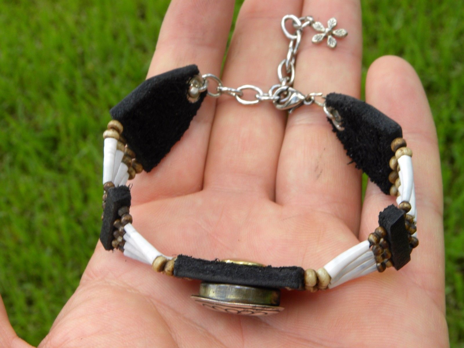 Vintage Native Indian Navajo  sterling silver  bracelet shells Buffalo leather