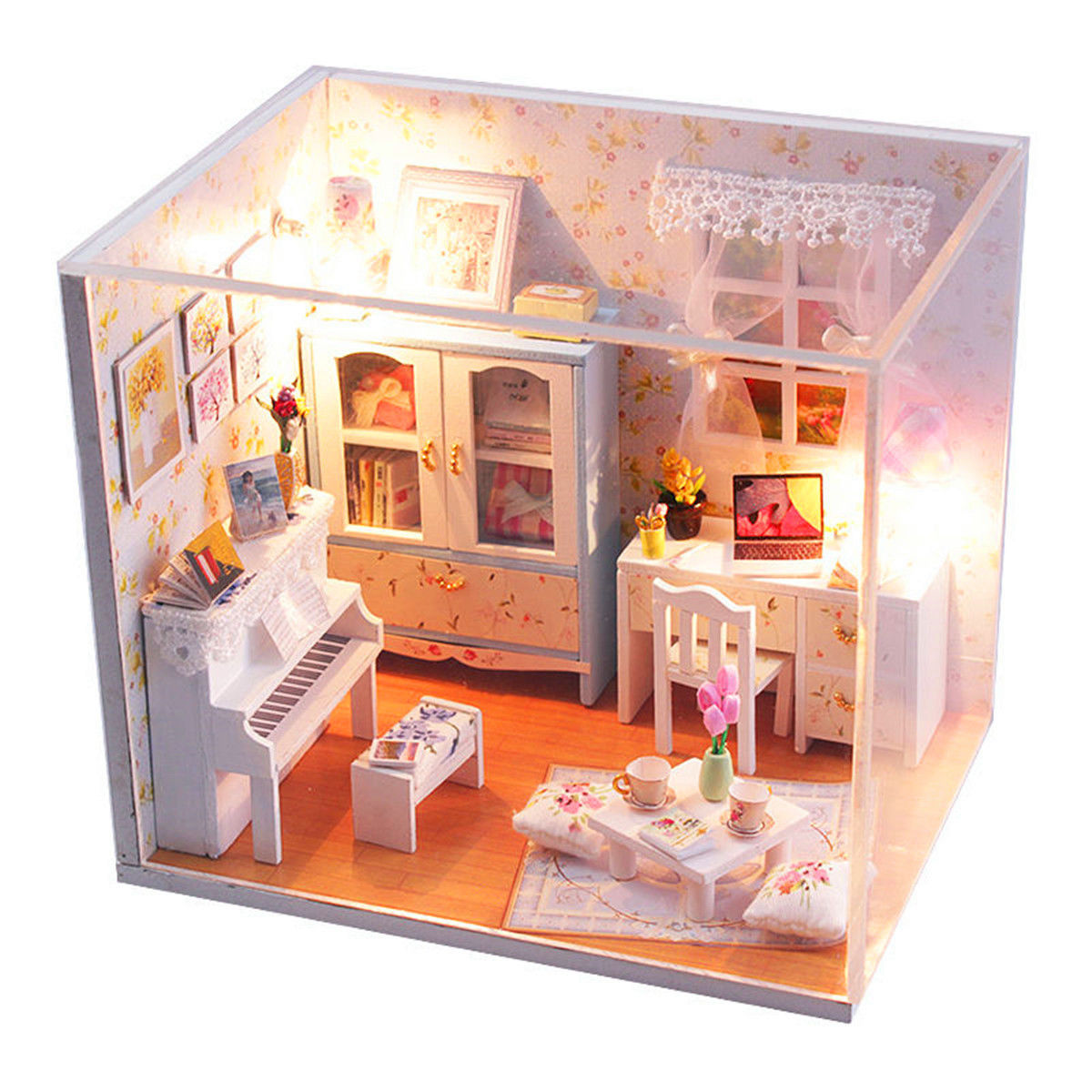 Kits DIY Wood Dollhouse Piano Miniature With Light Furniture Cover Doll House