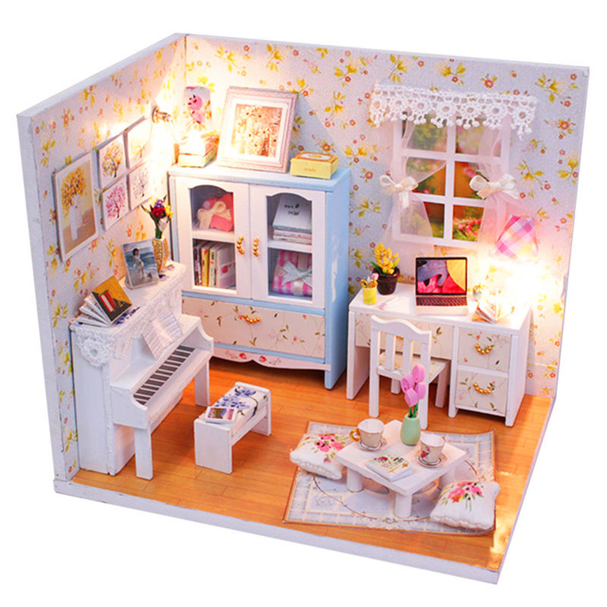 Kits DIY Wood Dollhouse Piano Miniature With Light Furniture Cover Doll House