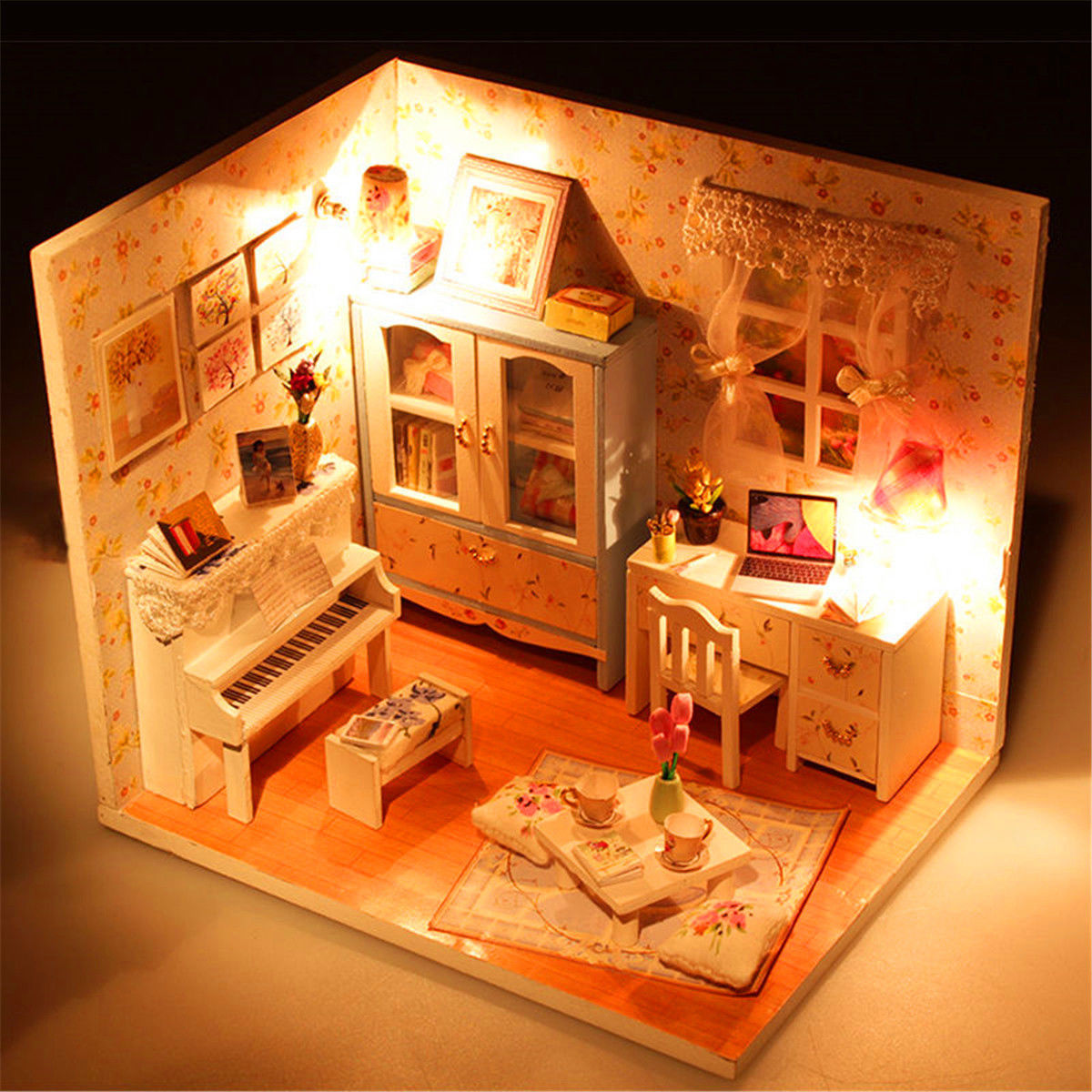 Kits DIY Wood Dollhouse Piano Miniature With Light Furniture Cover Doll House