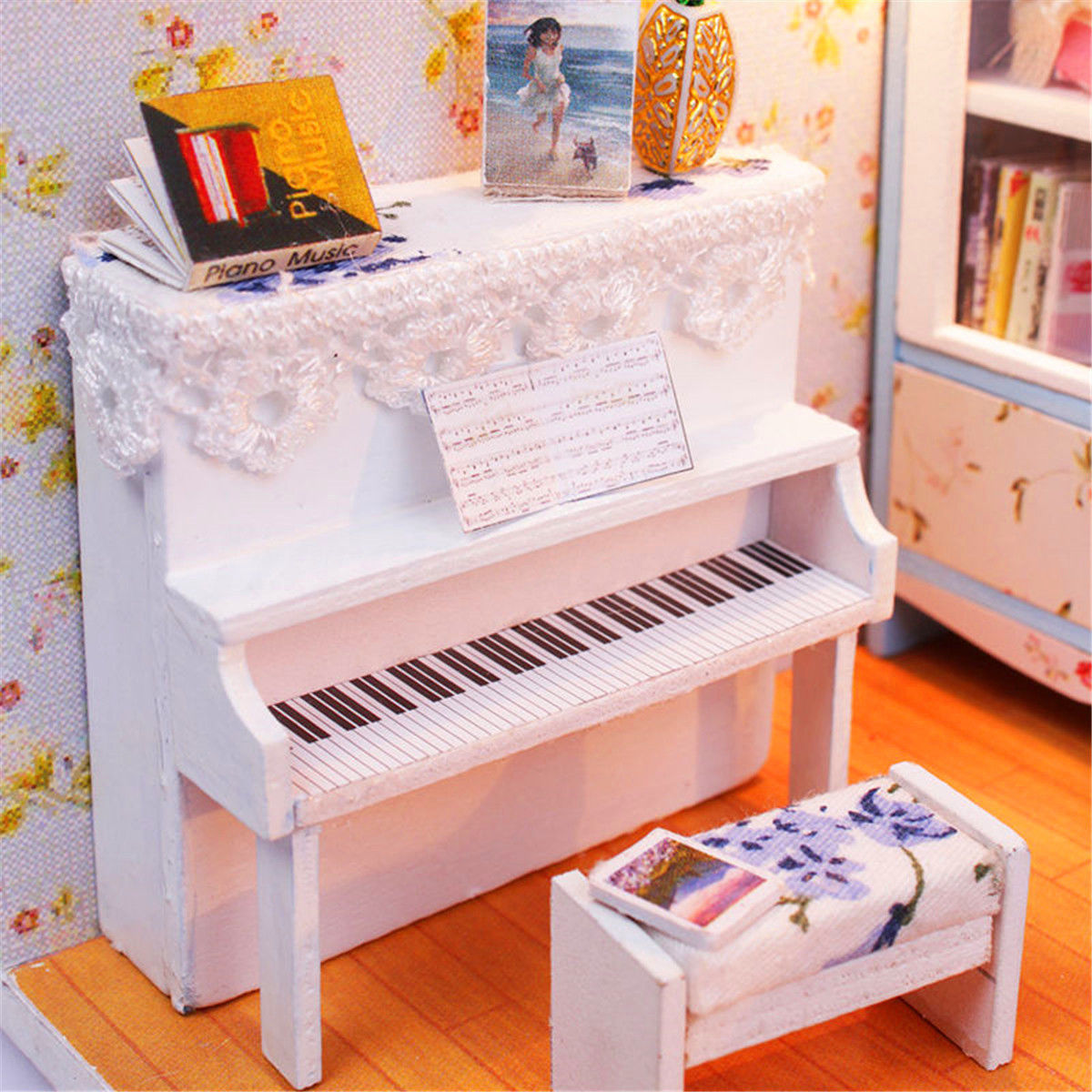 Kits DIY Wood Dollhouse Piano Miniature With Light Furniture Cover Doll House