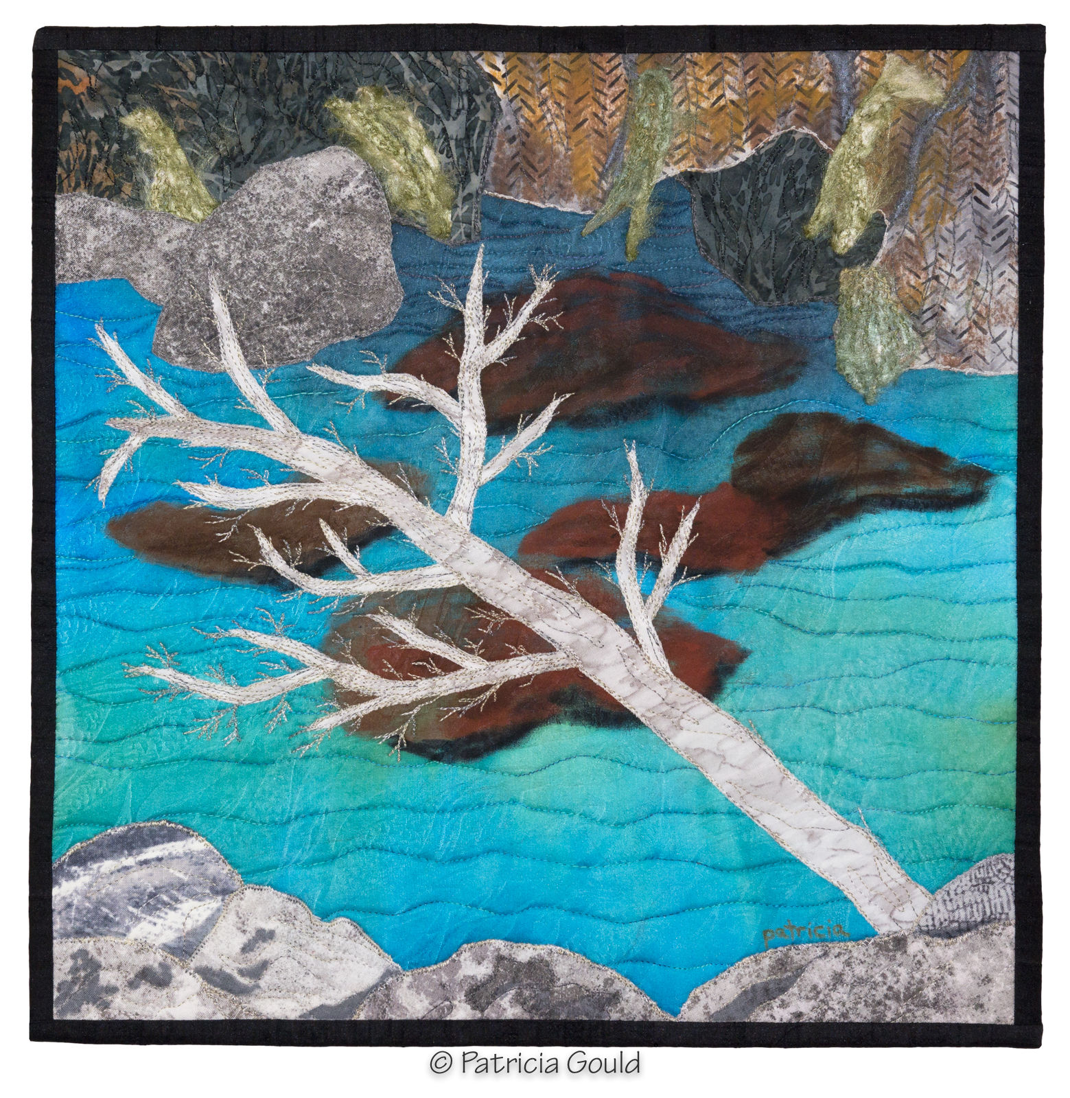 Clear Mountain Pool, 14" x 14" mixed media fiber art wall hanging