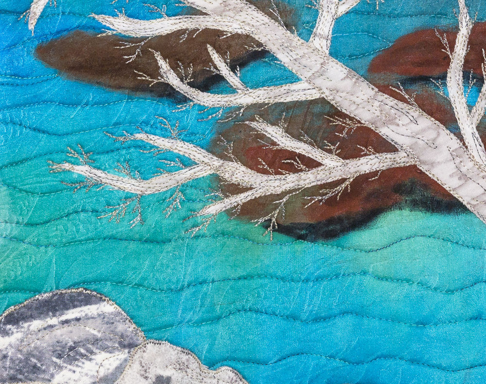 Clear Mountain Pool, 14" x 14" mixed media fiber art wall hanging