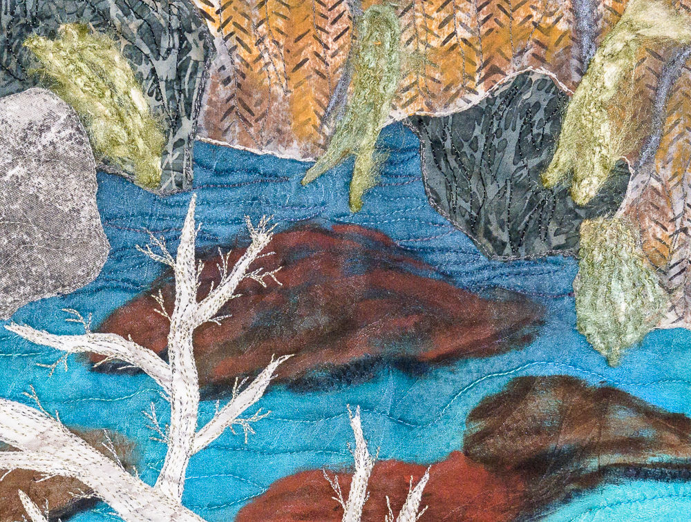 Clear Mountain Pool, 14" x 14" mixed media fiber art wall hanging