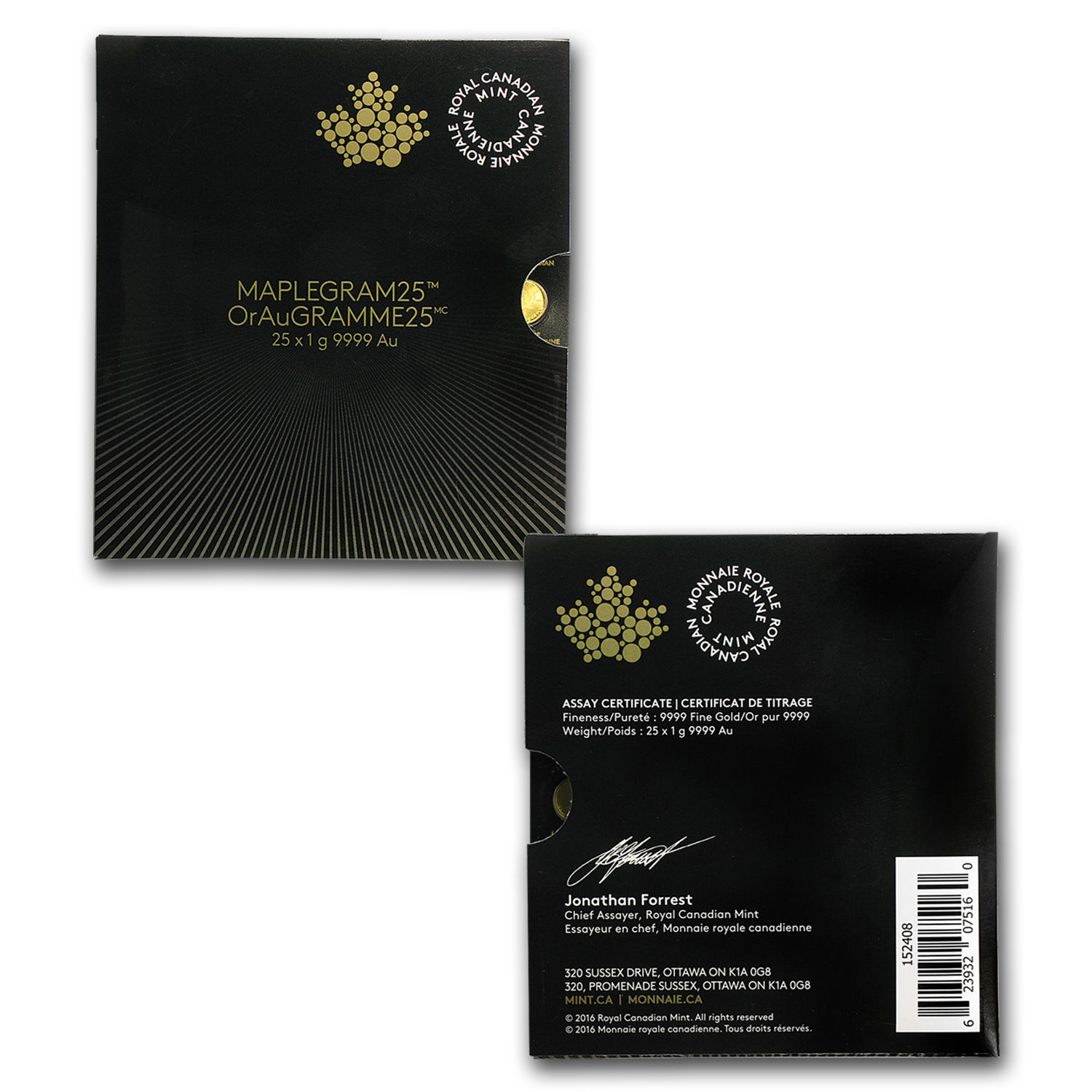 2016 25x 1 gram Gold Maple Leafs - Maplegram25™ (In Assay Sleeve) - SKU #94813