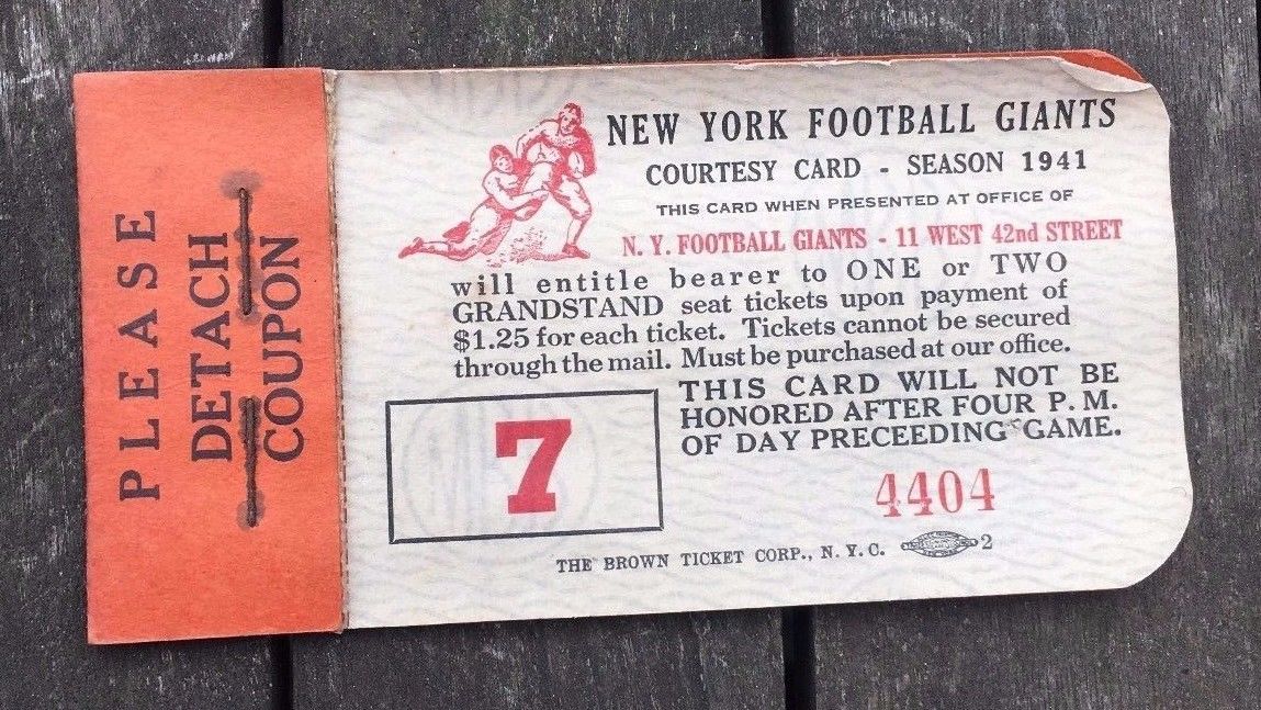 Vintage 1941 New York Football Giants Ticket