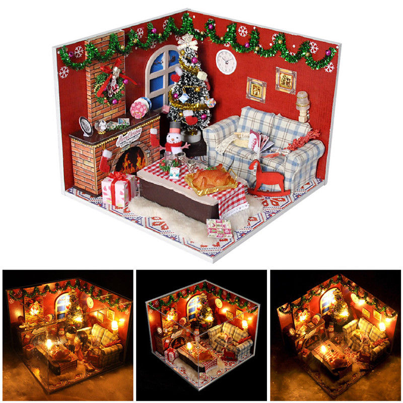 Wood Miniature Dollhouse Kit LED Furniture Doll house Room Xmas MannualDIY Craft