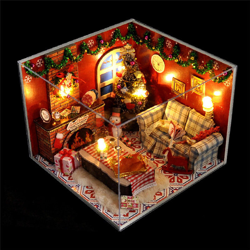 Wood Miniature Dollhouse Kit LED Furniture Doll house Room Xmas MannualDIY Craft