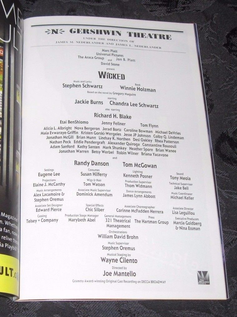 Cast signed Playbill WICKED at the Gershwin Theatre, NYC, January 2012