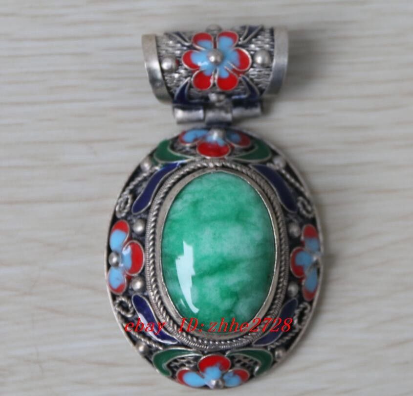 RARE China Old Handwork Green Jade Cloisonne Flower Wonderful Pendant