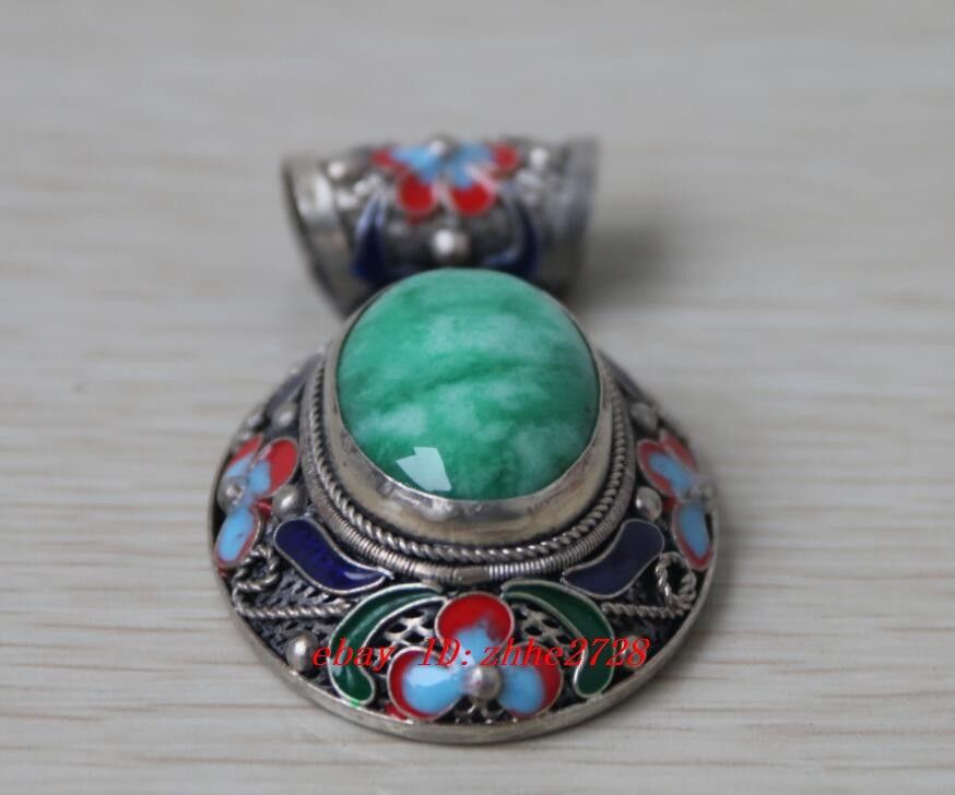 RARE China Old Handwork Green Jade Cloisonne Flower Wonderful Pendant