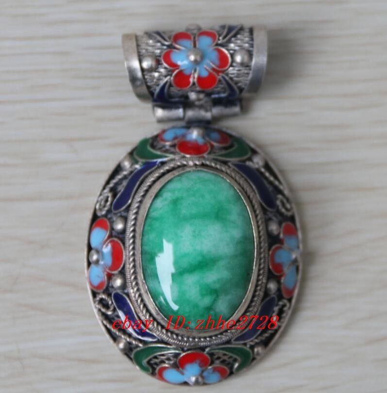 RARE China Old Handwork Green Jade Cloisonne Flower Wonderful Pendant