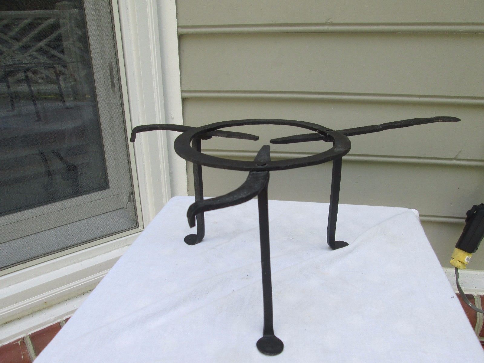 Vintage Fireplace Hearth Camp Pot Kettle Stand 3 footed NC Hand Forged Iron