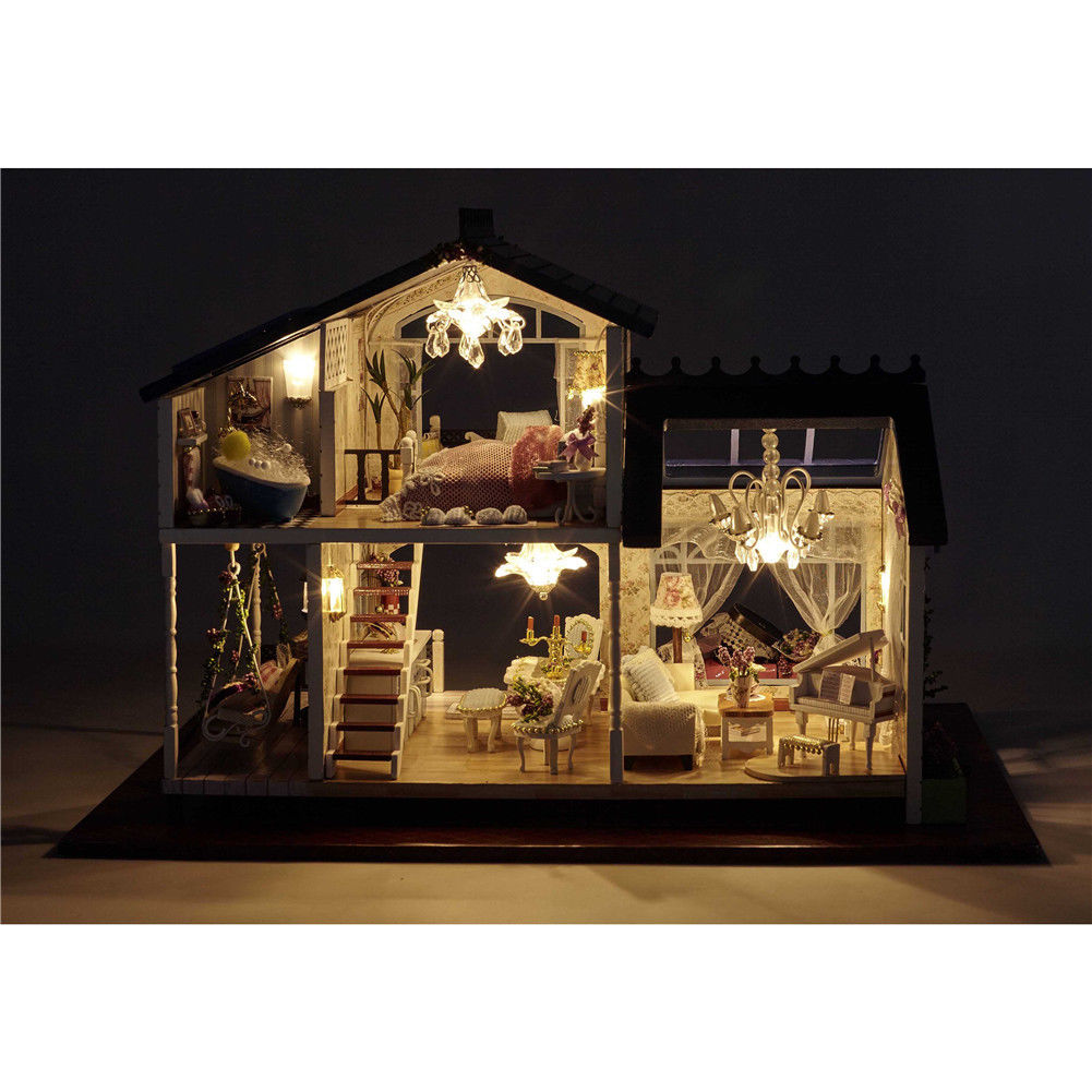 Dollhouse Miniature DIY Kit Dolls House With Furniture LED Light and Music Box W