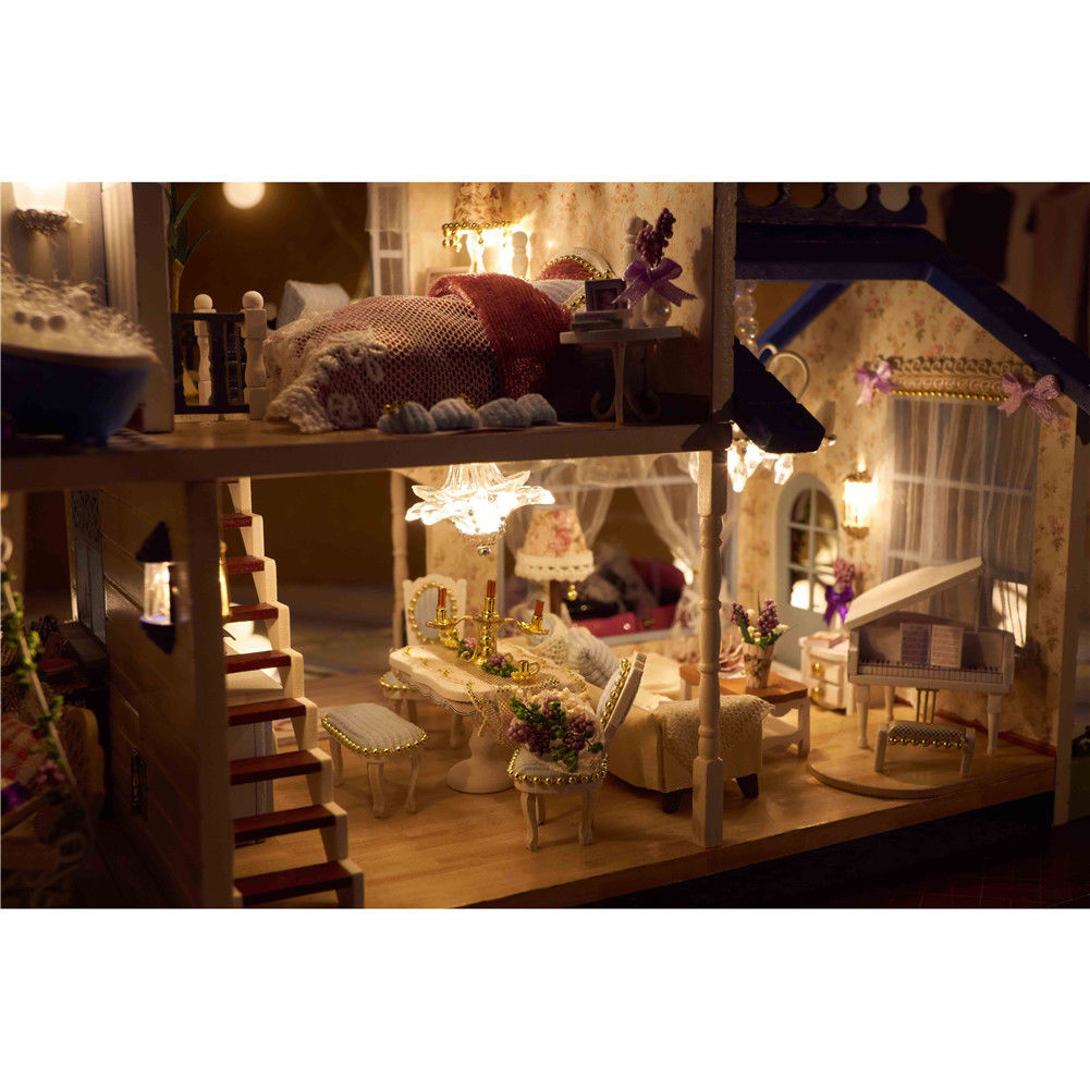 Dollhouse Miniature DIY Kit Dolls House With Furniture LED Light and Music Box W