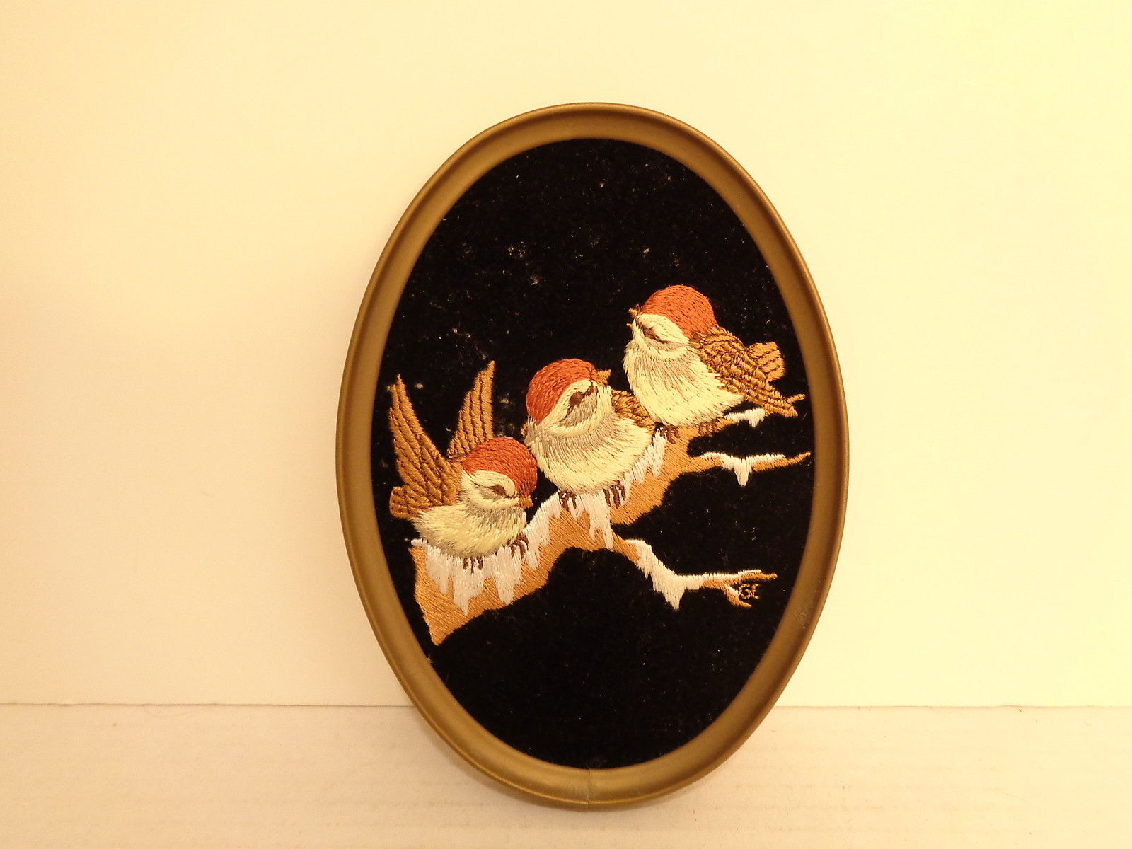 Ecstasy Giftware Embroidered Chickadees on Black Velvet Framed Wall Art