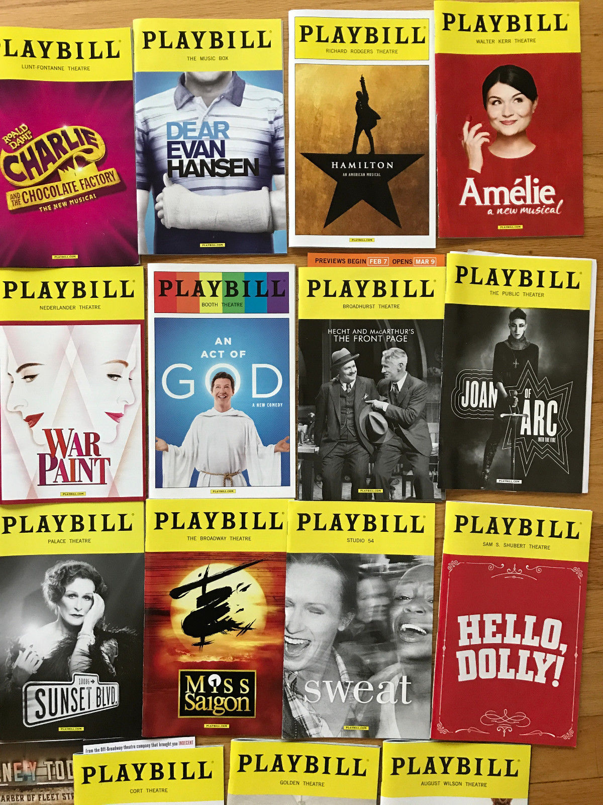 19 Playbills: Origiinal Cast of Hamilton, Evan Hansen, Hello Dolly Revival...