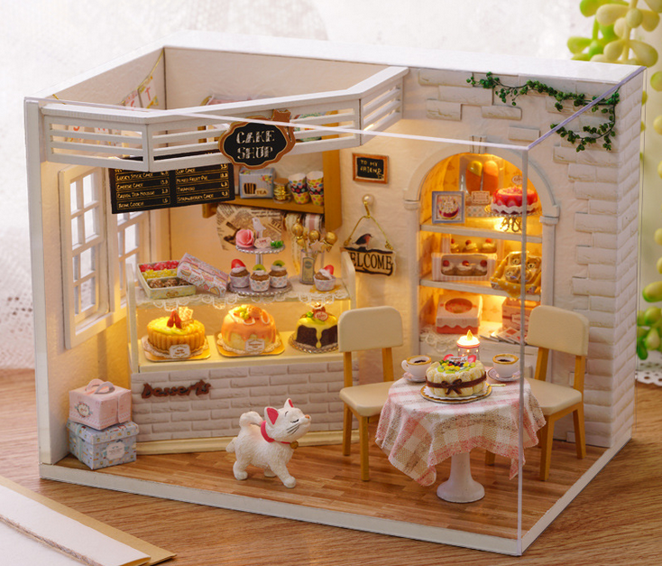 Handmade DIY Doll House Miniature Cake Shop LED Furniture Kit Light Glass Cover