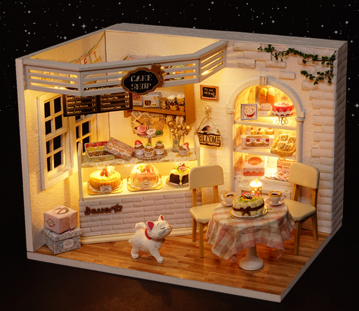 Handmade DIY Doll House Miniature Cake Shop LED Furniture Kit Light Glass Cover