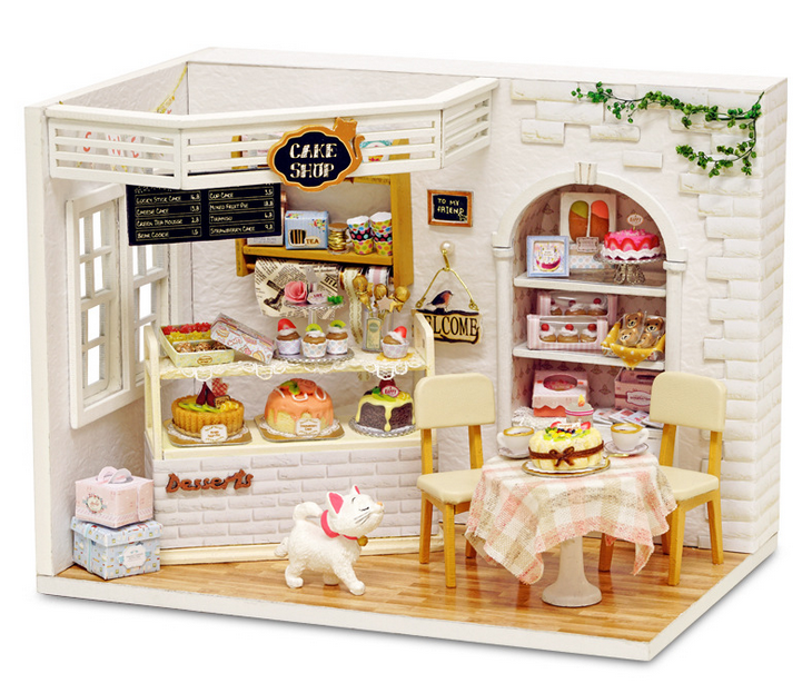 Handmade DIY Doll House Miniature Cake Shop LED Furniture Kit Light Glass Cover