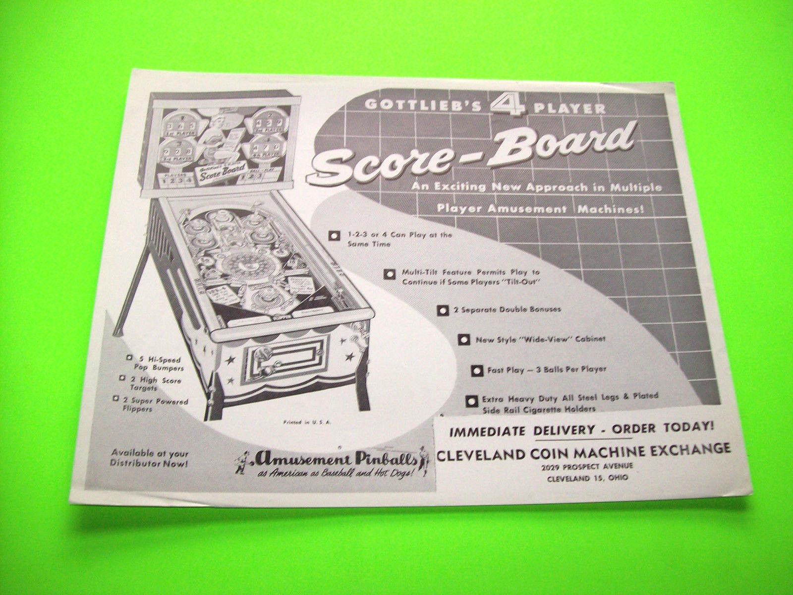 Gottlieb SCORE BOARD Original 1956 Flipper Game Pinball Machine Promo Flyer