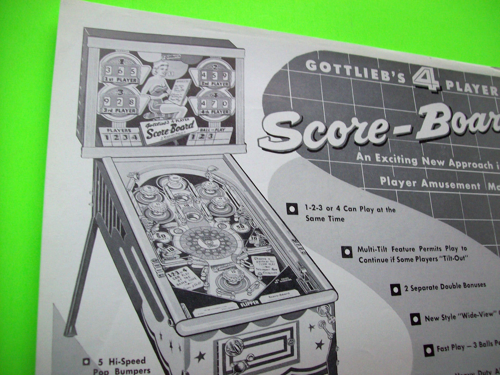 Gottlieb SCORE BOARD Original 1956 Flipper Game Pinball Machine Promo Flyer