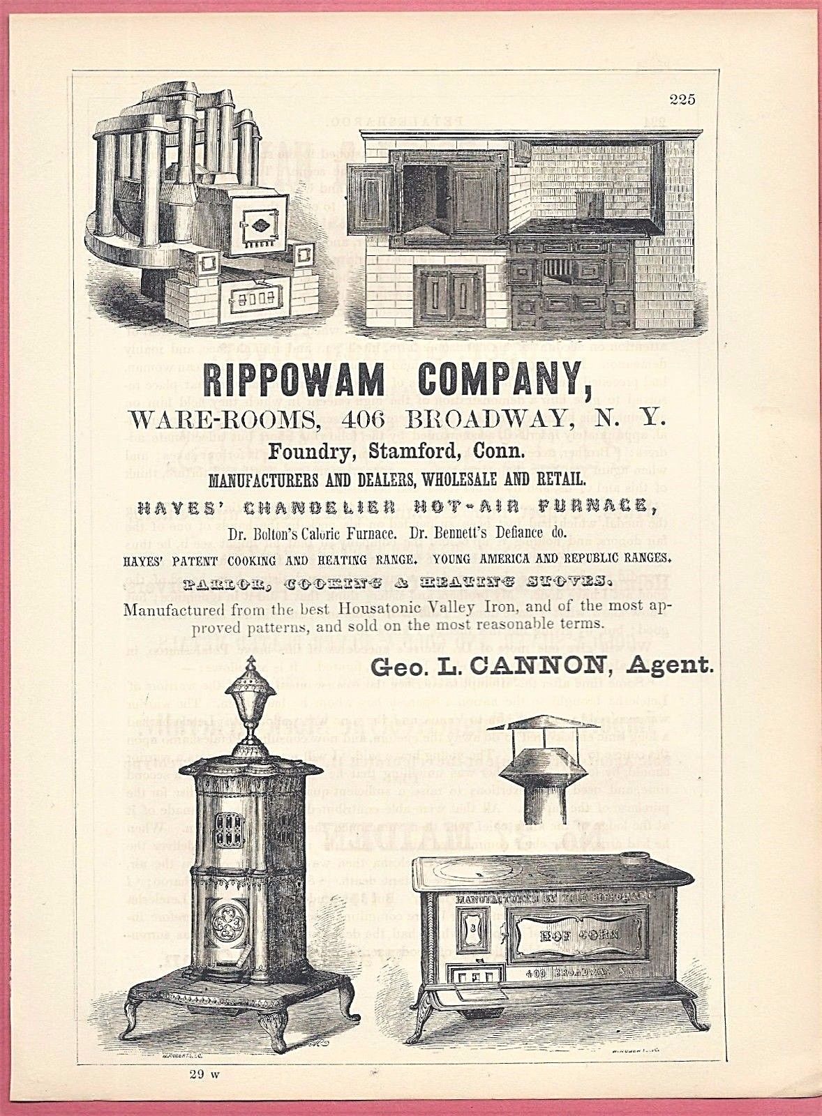 Original 1855 Ad ~ HOT-AIR FURNACES, CALORIC FURNACES ~ PARLOR & COOKING STOVES