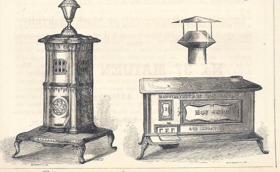 Original 1855 Ad ~ HOT-AIR FURNACES, CALORIC FURNACES ~ PARLOR & COOKING STOVES