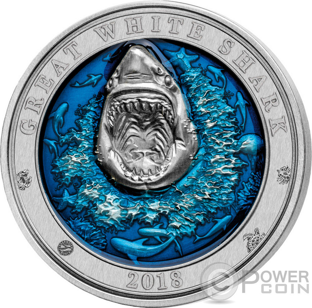 GREAT WHITE SHARK Underwater World 3 Oz Silver Coin 5$ Barbados 2018