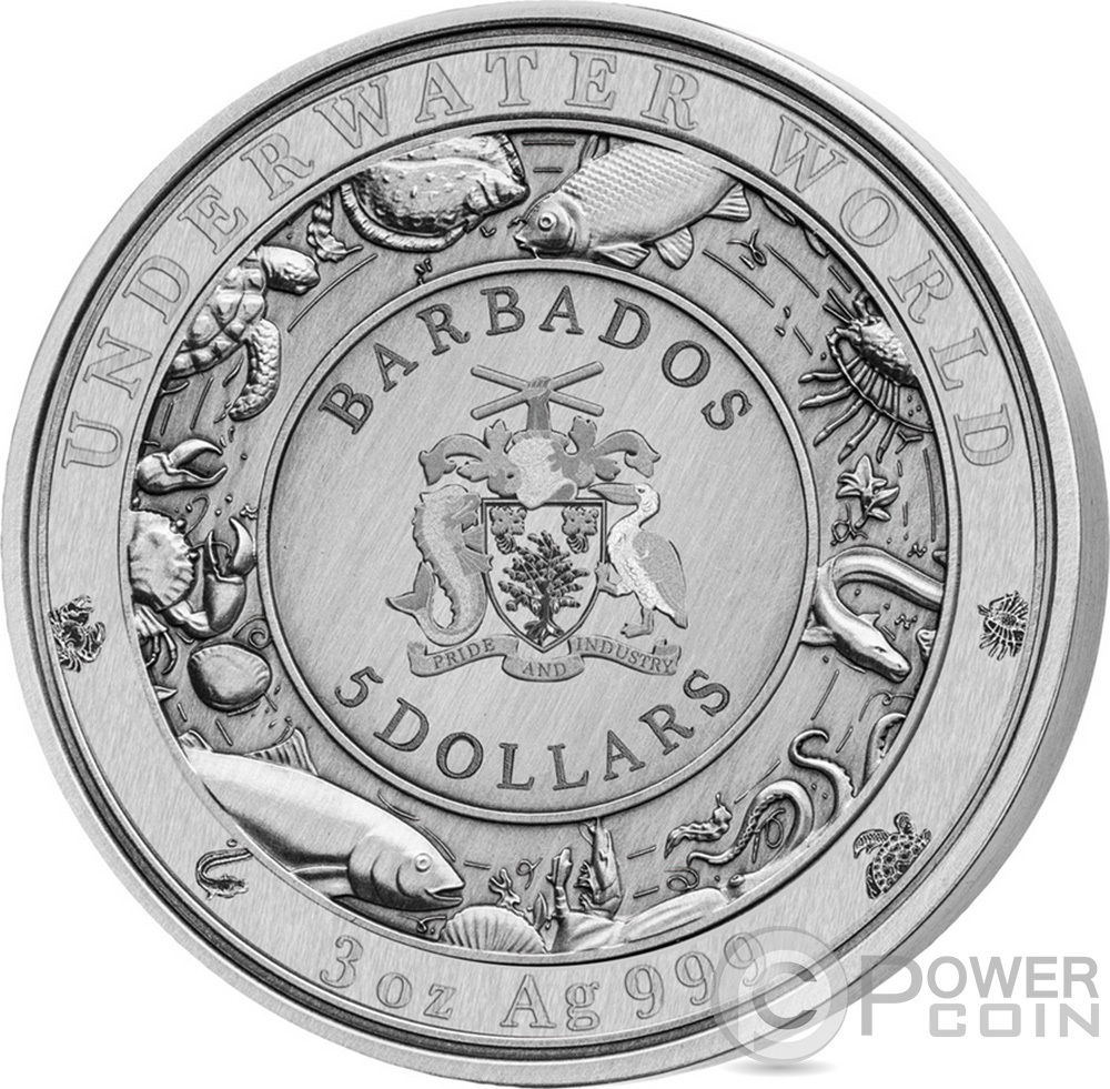 GREAT WHITE SHARK Underwater World 3 Oz Silver Coin 5$ Barbados 2018