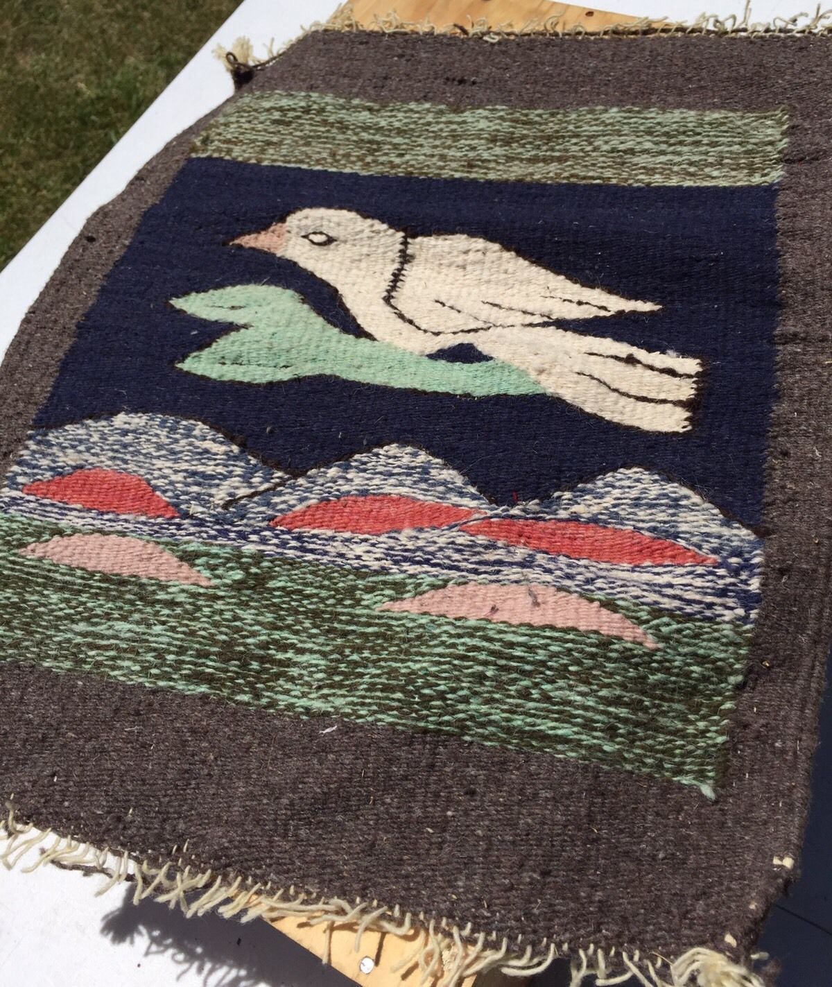 Med. Mid Century S. American Woven Wall Hanging Tapestry Textile Fiber Art Bird