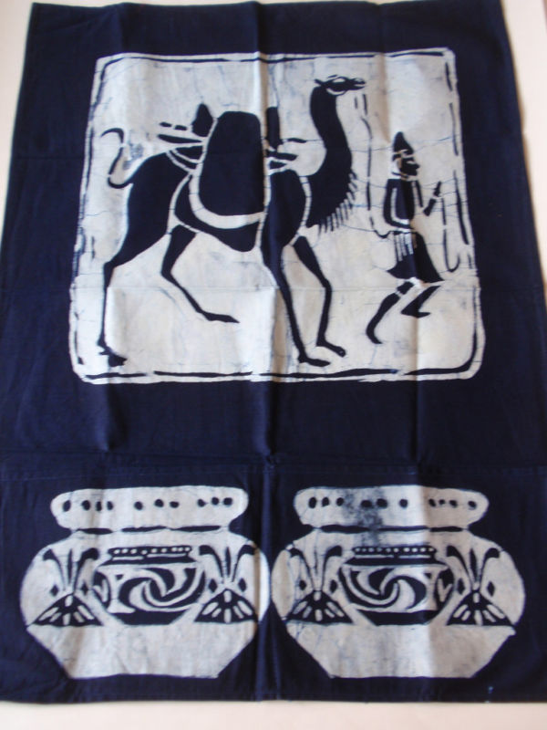 Vintage Blue White Batik Fabric Wall Pocket Camel Urns