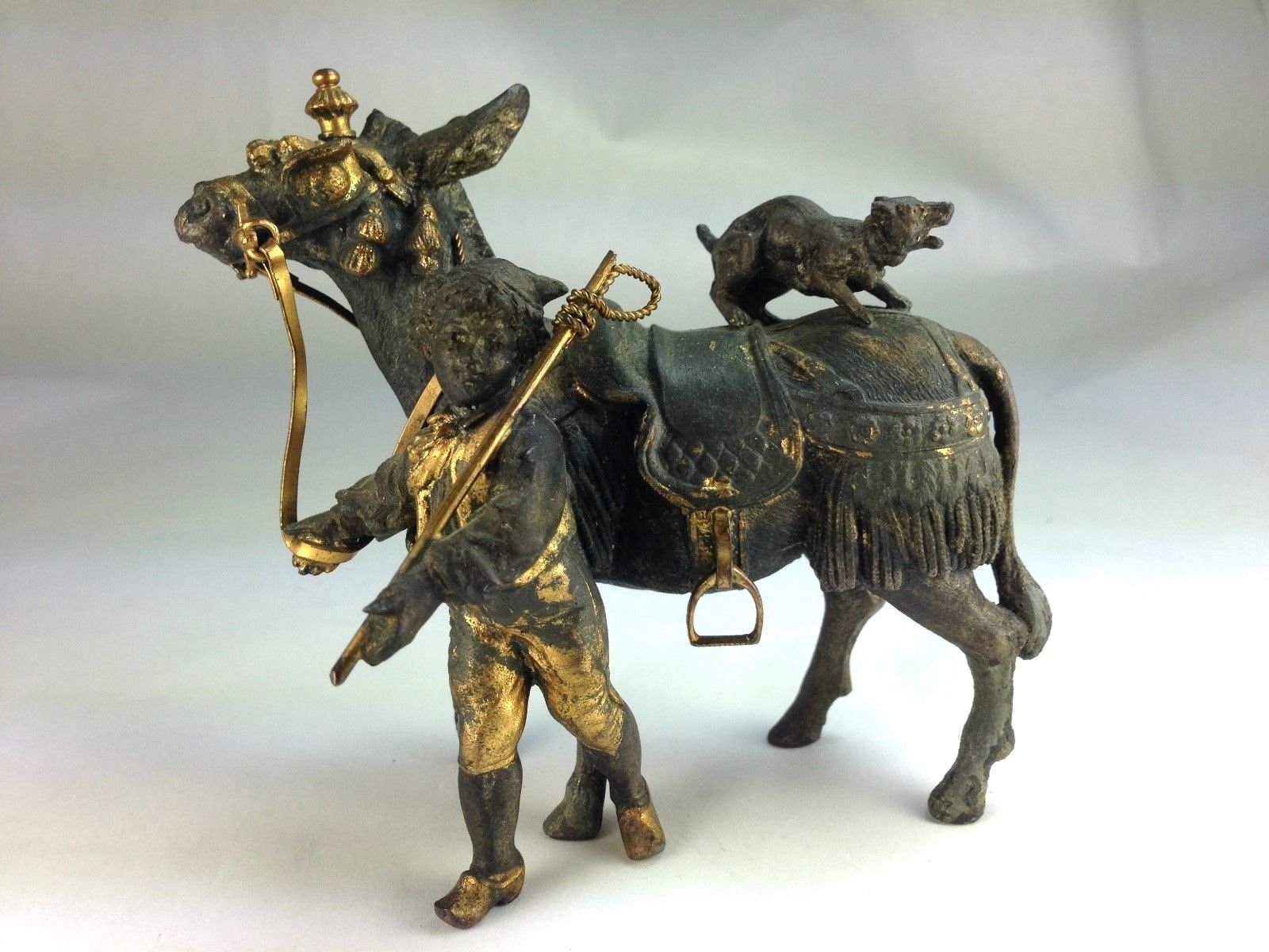 Antique Rare  Vienna Bronze Cold Painted Boy With Donkey & Dog Statue/Figurine