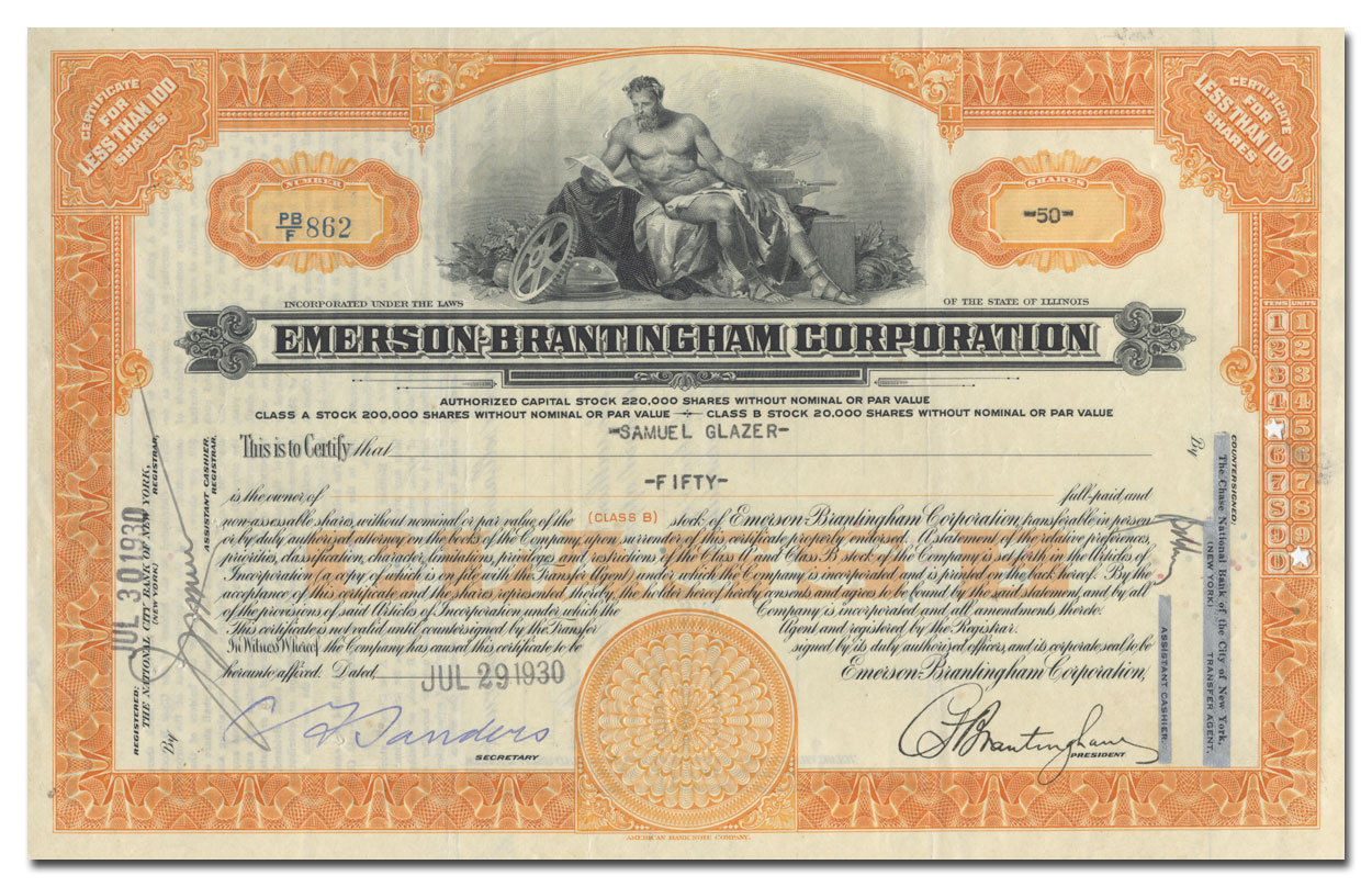 Emerson-Brantingham Corporation Stock Certificate (Farm Equipment)