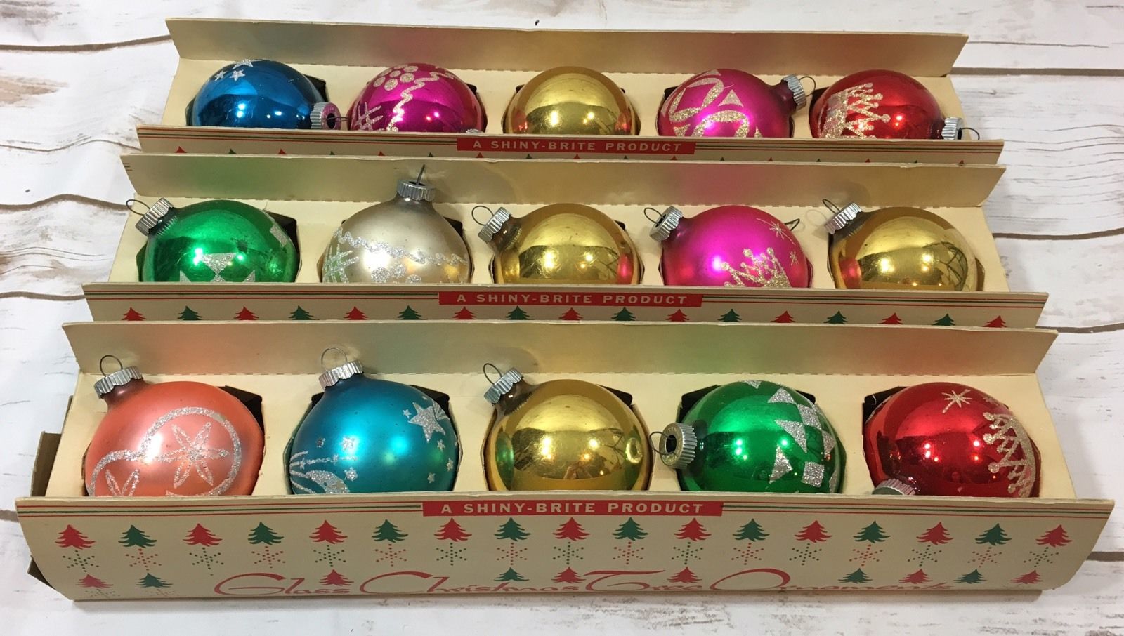 Vtg Lot 15 Shiny-Brite Glass Christmas Tree Ornaments 3" Round Balls Stencil USA