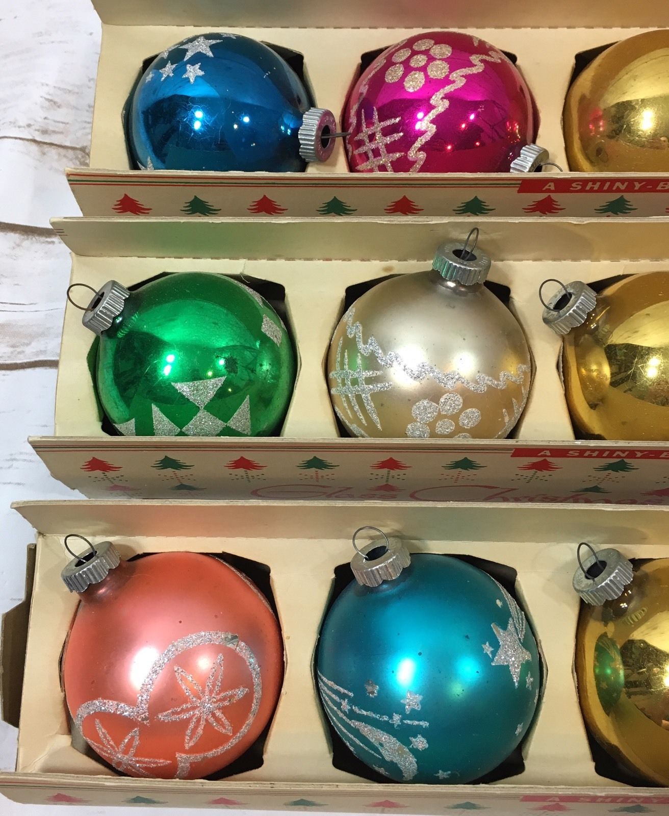 Vtg Lot 15 Shiny-Brite Glass Christmas Tree Ornaments 3" Round Balls Stencil USA