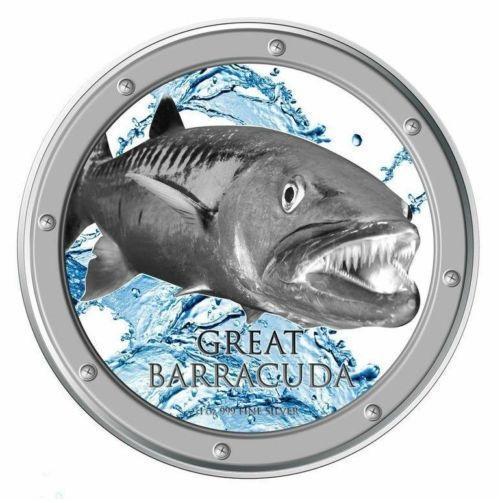 Niue 2015 $2 Ocean Predators Great Barracuda Proof 1 Oz Silver Coin inWater Case