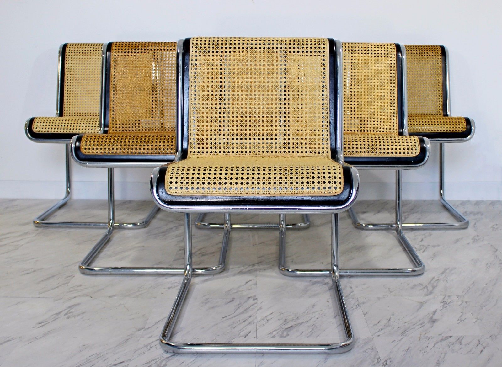 Mid Century Modern Marcel Breuer Set of 6 Chrome & Rattan Side Chairs 1970s