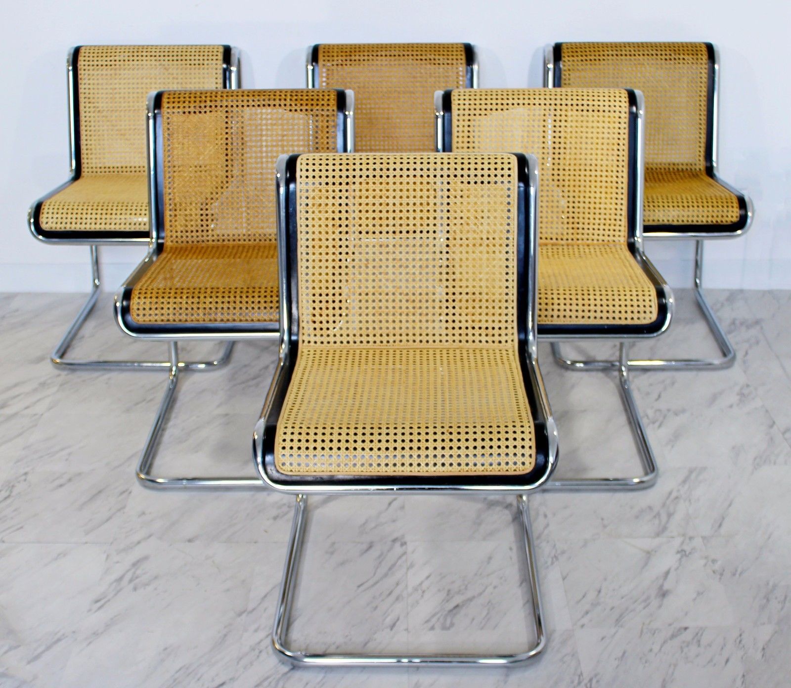 Mid Century Modern Marcel Breuer Set of 6 Chrome & Rattan Side Chairs 1970s