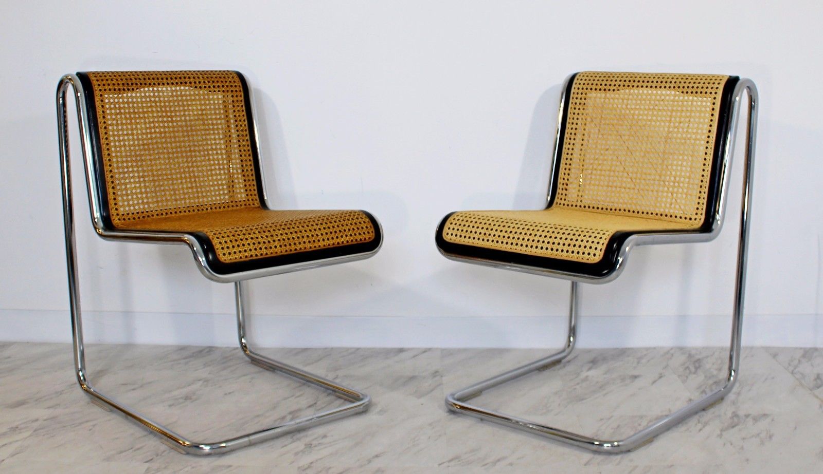 Mid Century Modern Marcel Breuer Set of 6 Chrome & Rattan Side Chairs 1970s