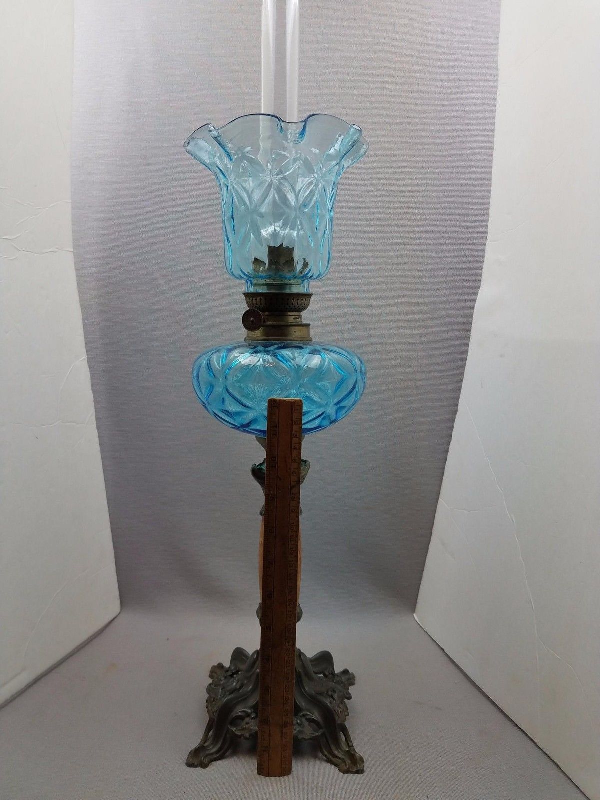 Antique Sapphire Blue Victorian Oil Lamp w matching Ruffle Shade France Chimney